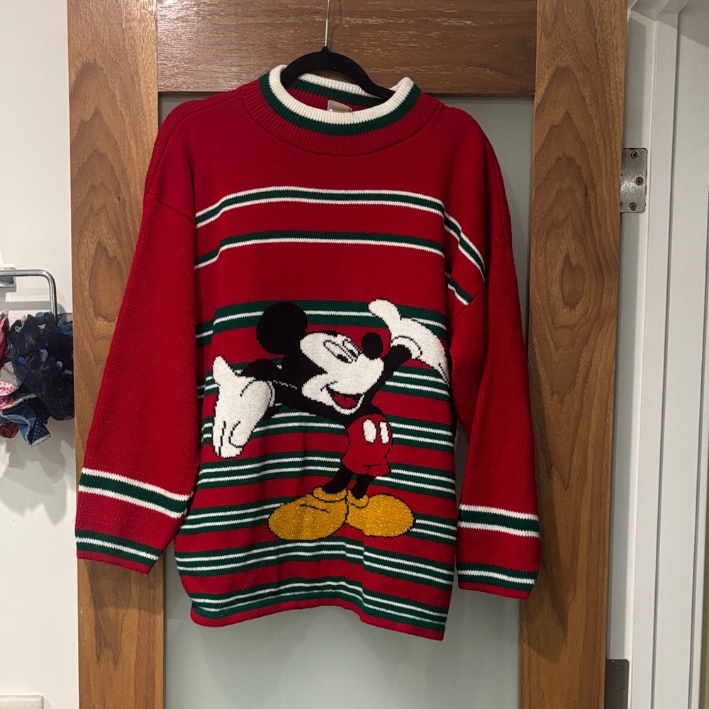 Vintage Disney Mickey Mouse Red Green Striped Knit Sweater